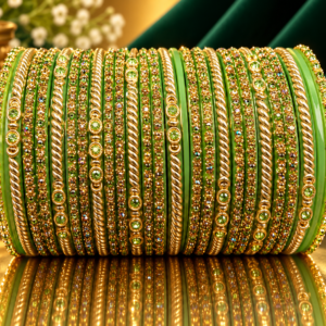 Green & Gold Designer Bangles Set with Stone Work