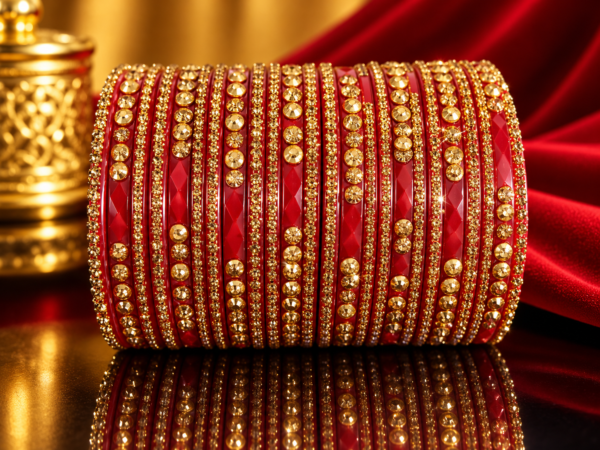 Red & Gold Designer Bangles Set with Stone Work