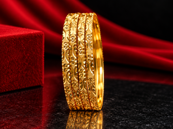 TATE Premium Gold-Tone Floral Engraved Designer Bangle Set