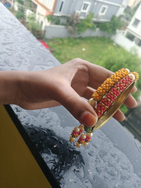Traditional Red & Yellow Beaded Gold Tone Designer Bangle with Pearl Drops