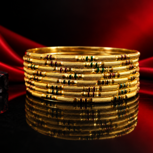 Traditional Gold Finish Designer Bangle Set with Red & Green Detailing for Women