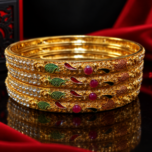 Traditional Gold Finish Designer Metal Bangle Set with Multicolor Enamel & Stone Work
