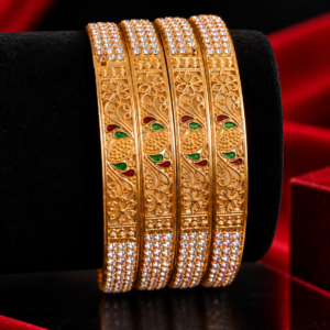 Traditional Gold Finish Metal Bangles with CZ Stones & Meenakari Floral Design – Set of 4